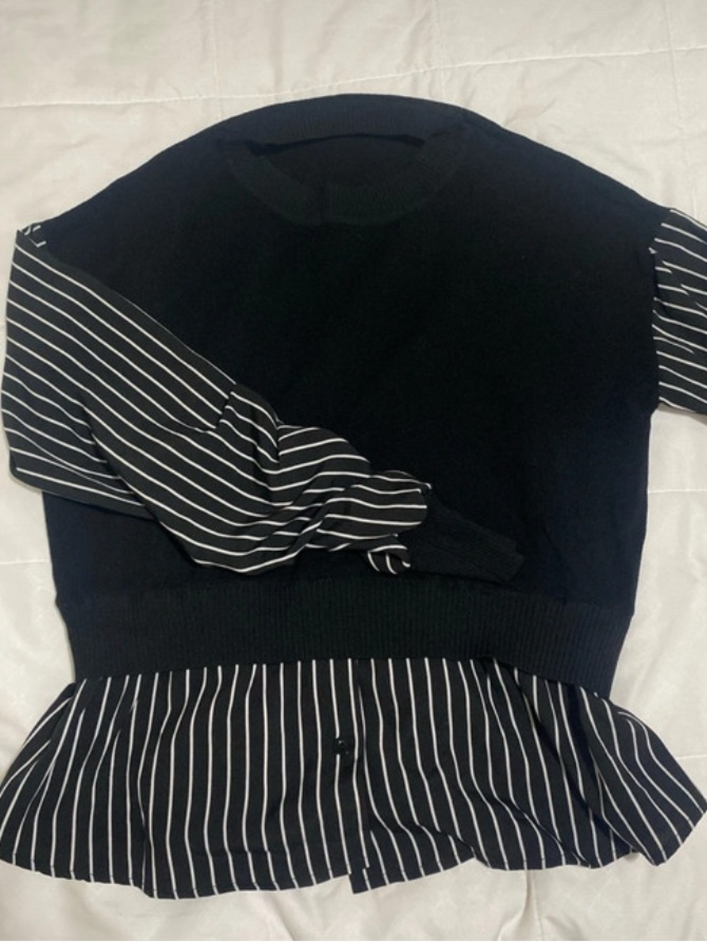 Black Layered Sweater with Striped Shirt Hem
